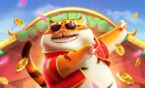 Fortune Tiger character in sunglasses in front of the temple