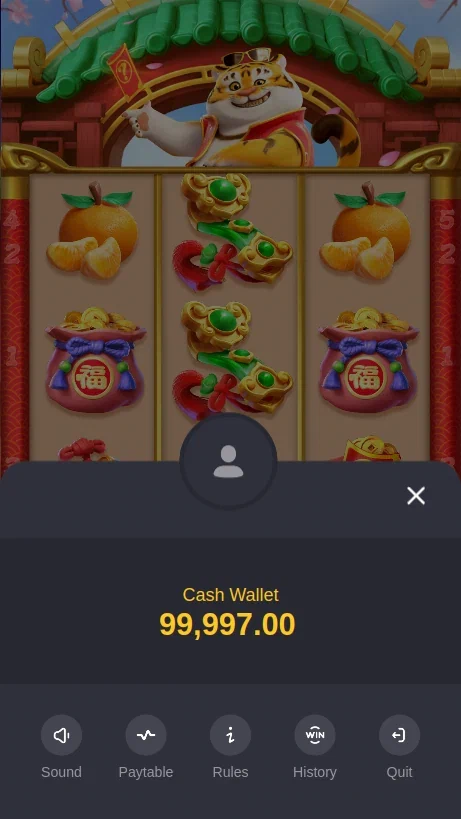 Fortune Tiger demo menu with Sound, Paytable, Rules and History